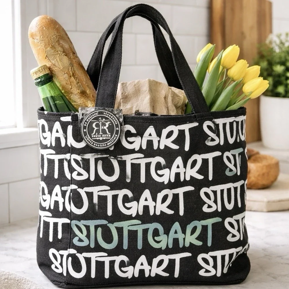 ROBIN RUTH Stuttgart Canvas Tote Bag Black White Aqua Graffiti 100% Cotton NWT